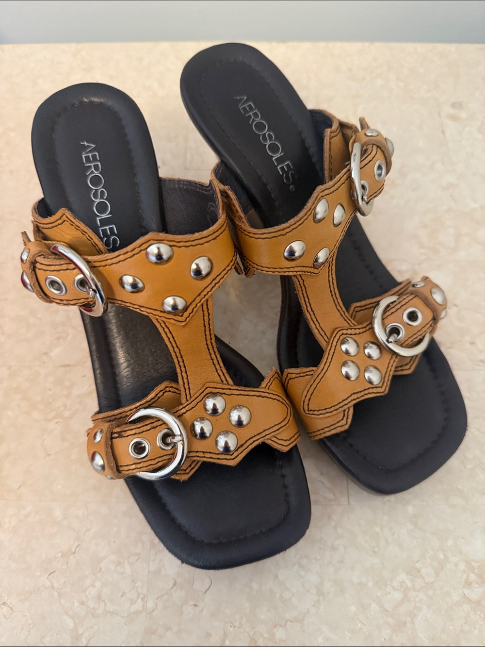 AEROSOLES Yellow Studded Buckle T-Strap Mules